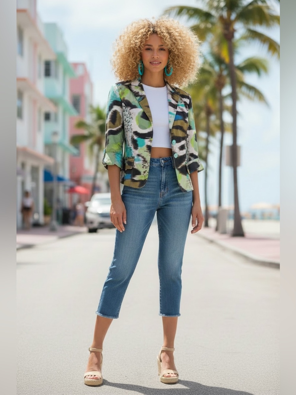 Insight 14 tan/blue/multicolor abstract pattern 2 button 3/4 sleeves blazer‎